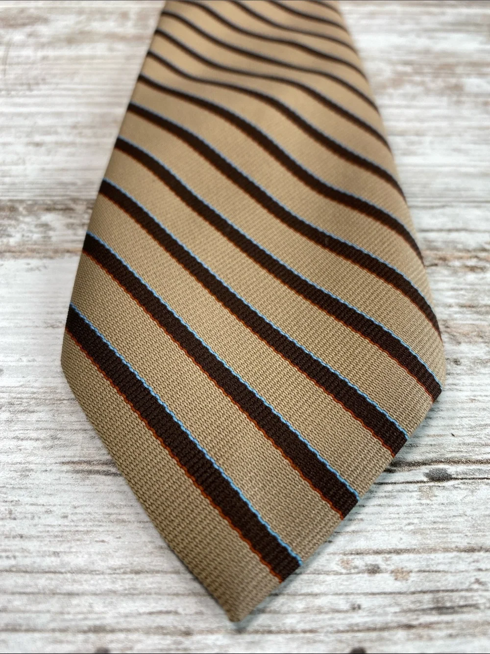 Vintage Principe Tie Tan Brown Blue Striped Classic 3” Business Office